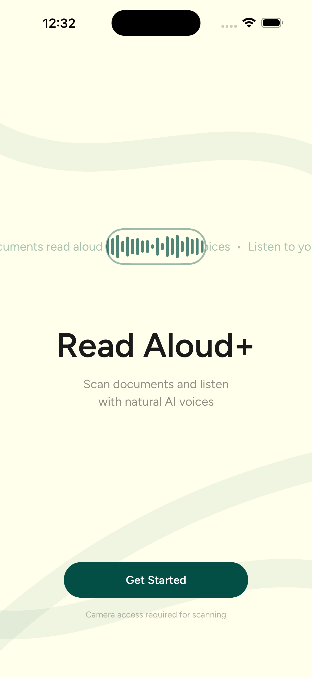 ReadAloud+ welcome screen with flowing ribbon decorations and waveform animation