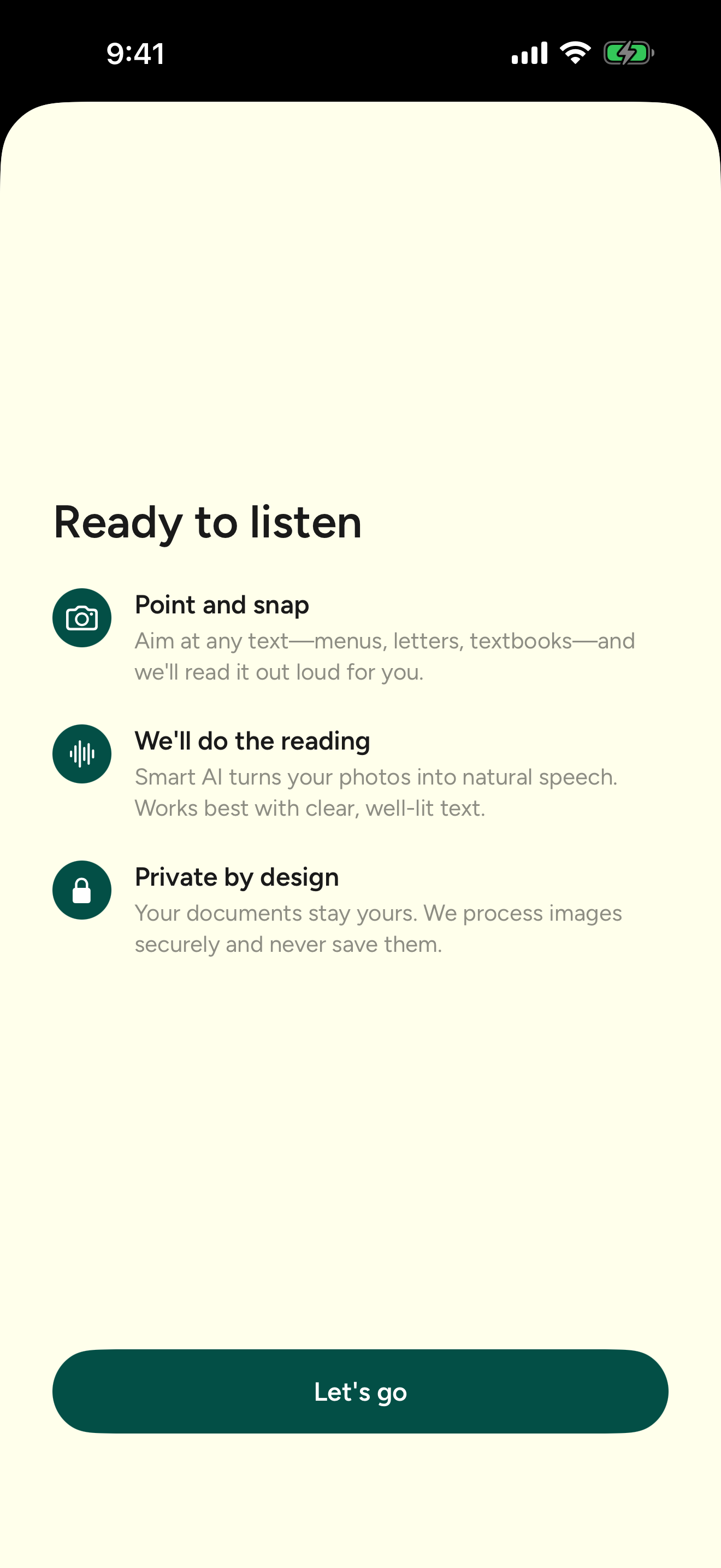 ReadAloud+ showing the Ready to Listen screen with key feature descriptions