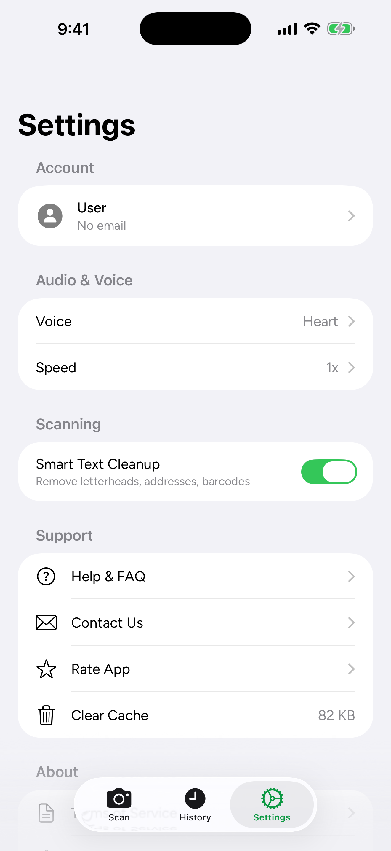 ReadAloud+ settings screen showing voice selection, speed control, and Smart Text Cleanup